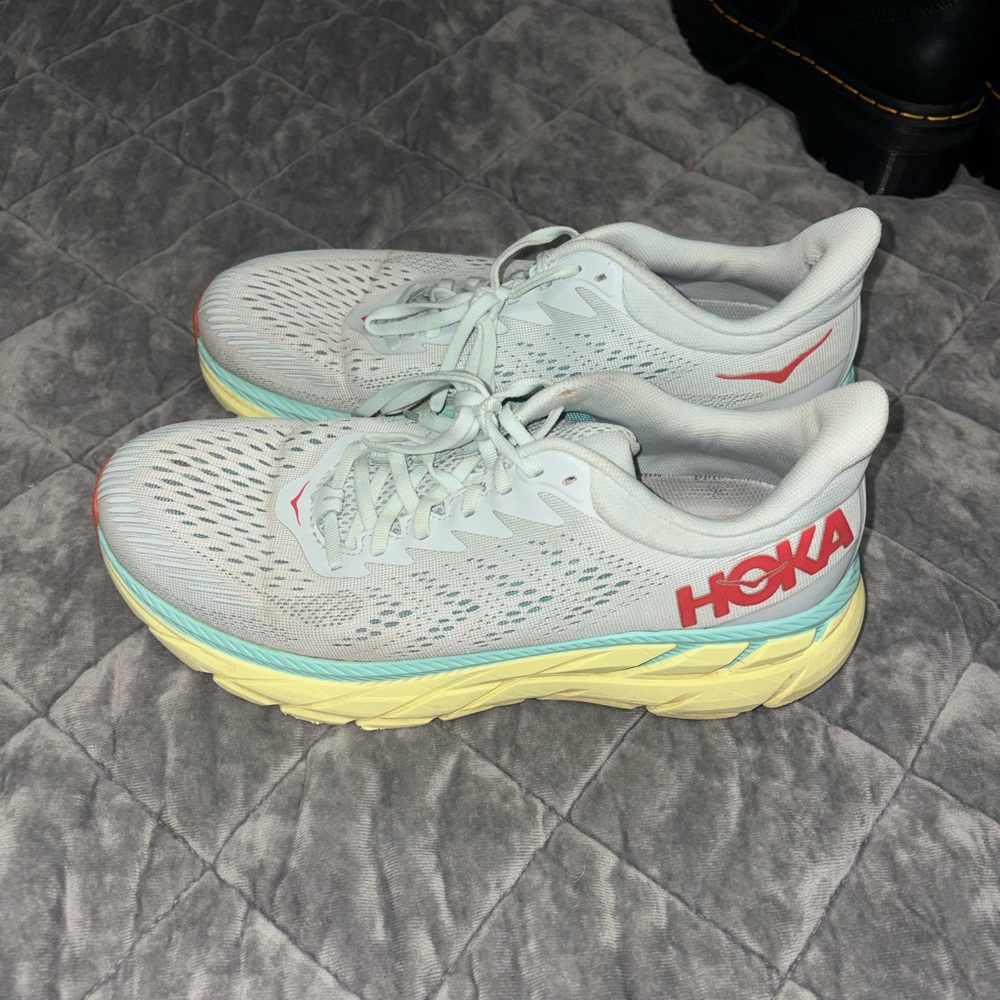 HOKA Women's Pale Blue Running Shoes with Yellow Midsole and Coral Logo